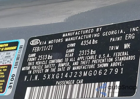 2021 Kia K5 Lxs from USA, damaged, VIN 5XXG14J23MG062791